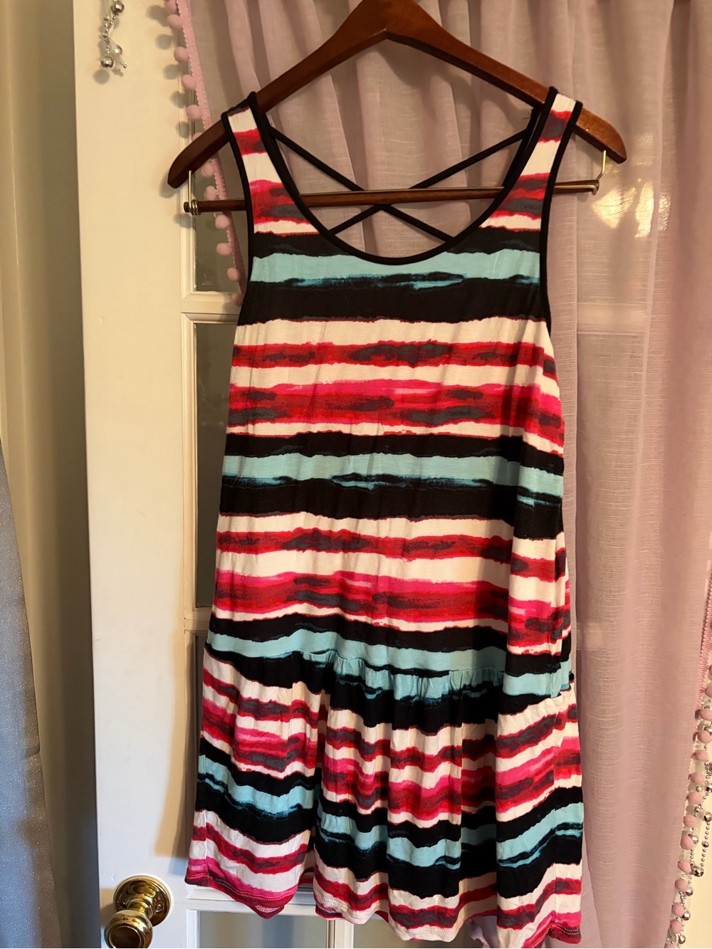 KENSIE Striped Sleeveless Swing Dress in Black, Turquoise, Pink & Red
